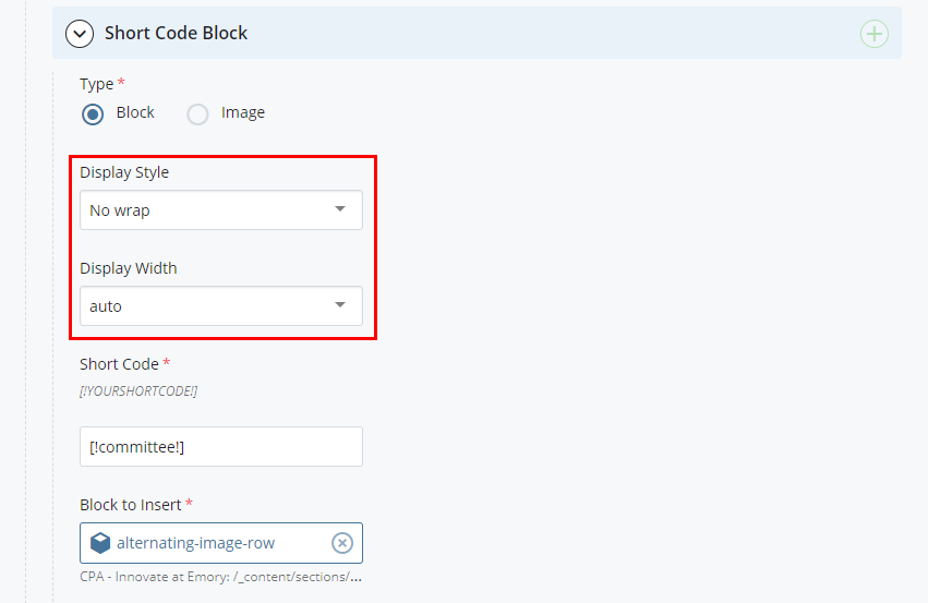 Shortcode display options.